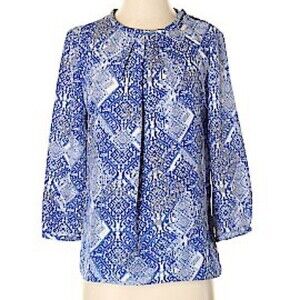 Piperlime Mosaic Print 3/4 Sleeve Blouse L Blue & White Top